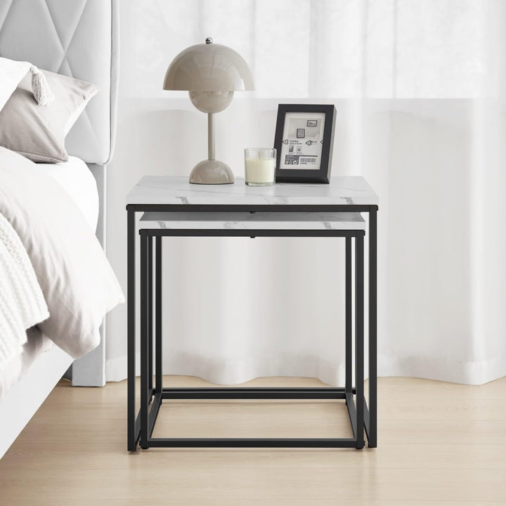 NMK HOME 2er Set Couchtische – Quadratisch – Marmor Weiss Schwarz – Industrial Design – platzsparend