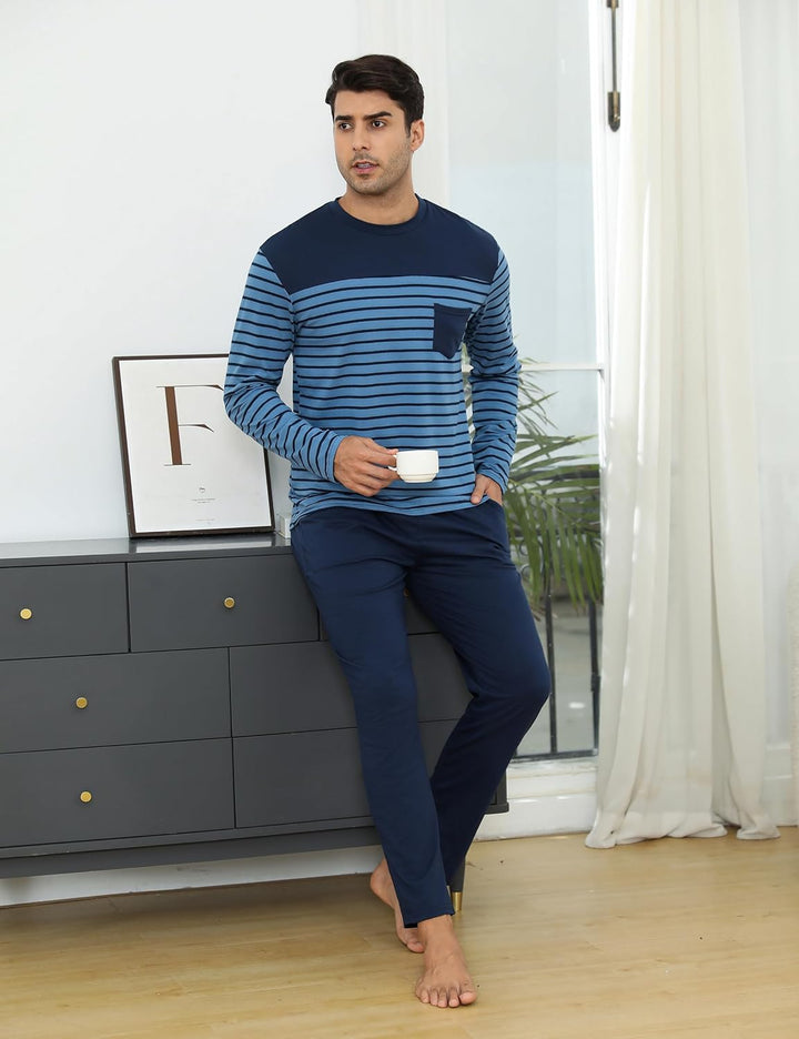 Irdcomps Schlafanzug Herren Pyjama Lang Winter Baumwolle Nachtwäsche Männer Set Langarm Gestreift M