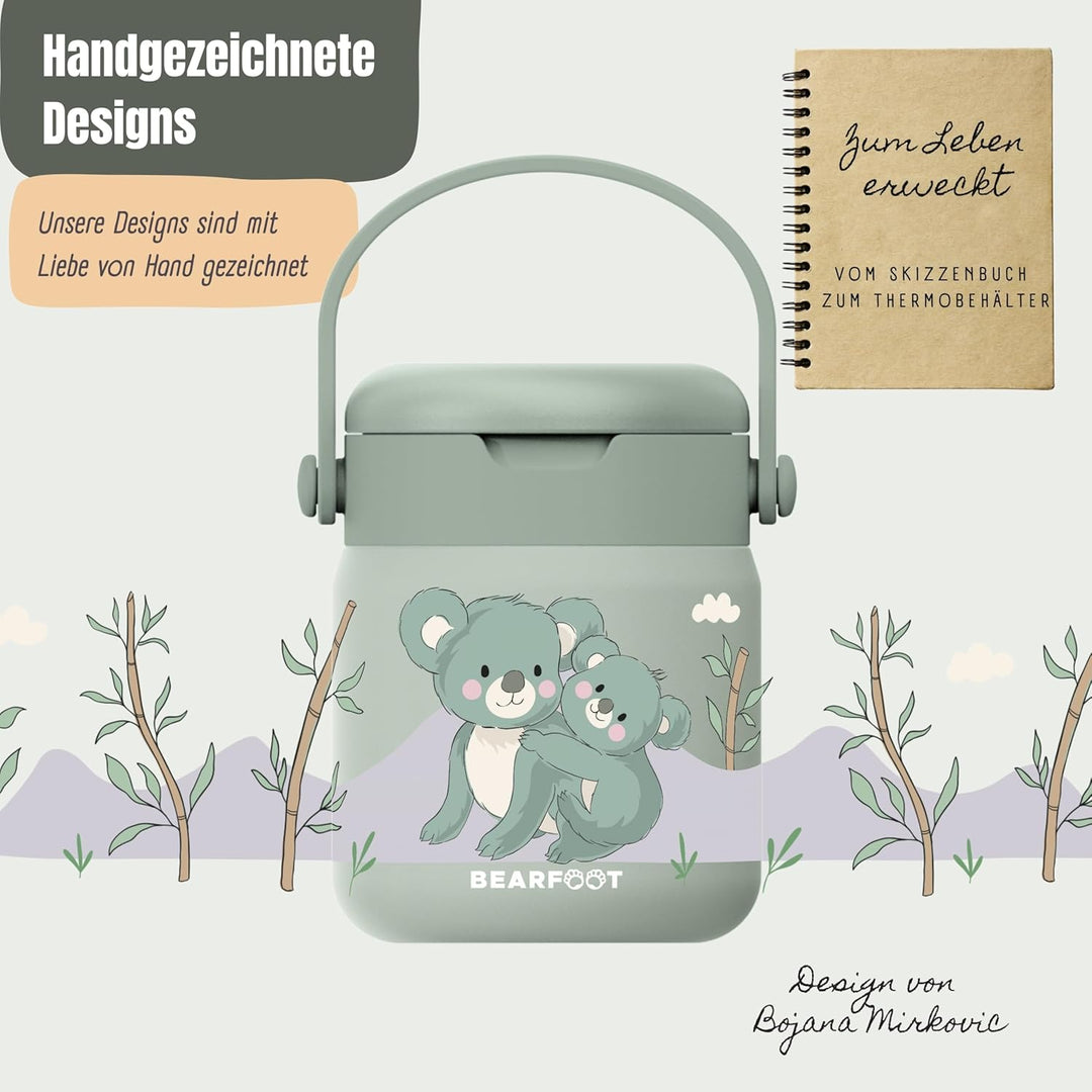 BEARFOOT Kinder Thermobehälter Edelstahl 500ml, BPA-frei (Koala - Grün) | Auslaufsicher, mit faltbar