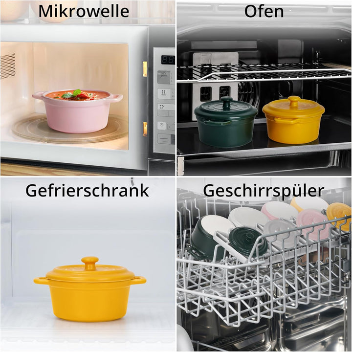 Winter Shore 270 ml Porzellan-Auflaufform Klein mit Griffen & Deckel [4er-Pack] - Souffle Förmchen B