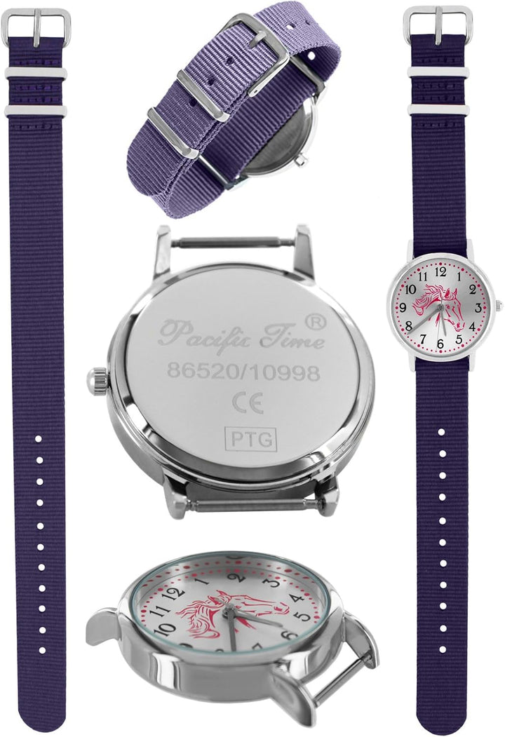 Pacific Time Mädchen Armbanduhr Uhr Pferd Pferdemotiv analog Quarz 2 Textilarmband Violett Blau 1002