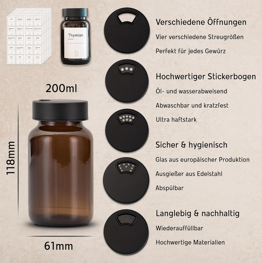 12 Stück Gewürzgläser – Premium Gewürzglas aus Braunglas | Gewürzstreuer Set | Gewürzdosen mit Decke