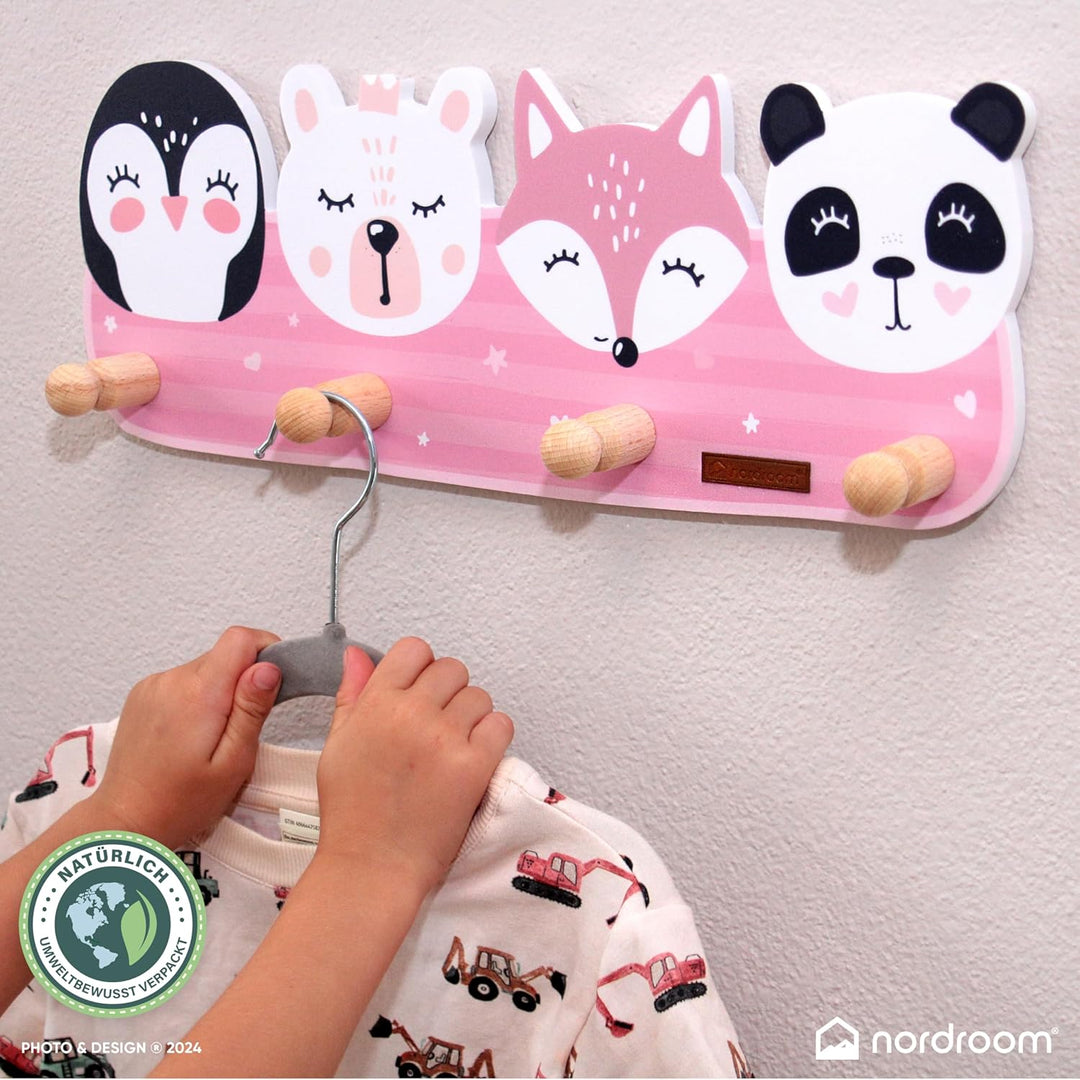 Kindergarderobe mit 4 Haken - Wandgarderobe mit Tiermotiven für Kinderzimmer Garderobenhaken aus Hol
