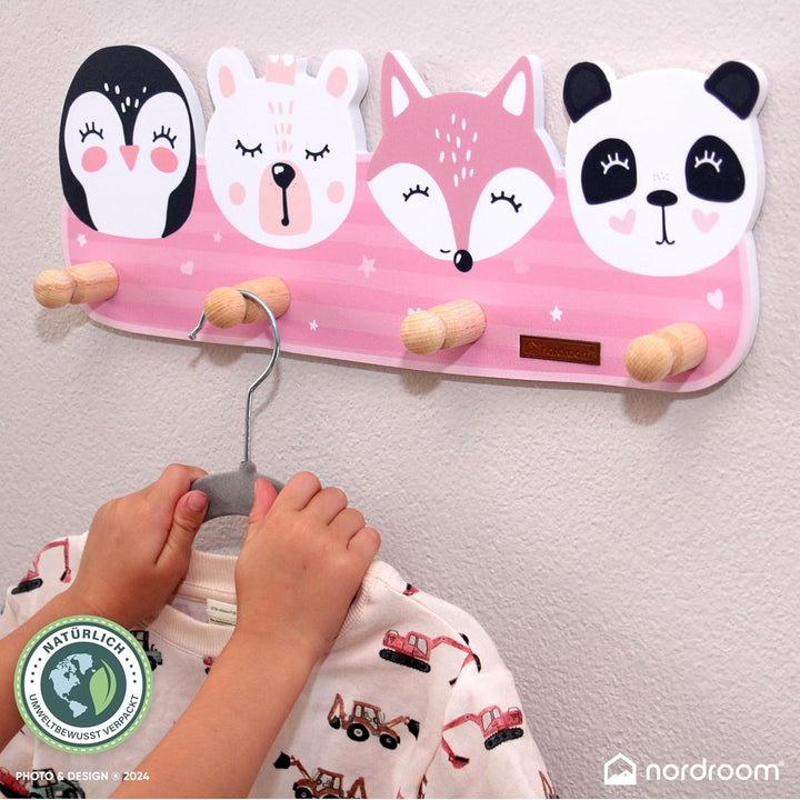 Kindergarderobe mit 4 Haken - Wandgarderobe mit Tiermotiven für Kinderzimmer Garderobenhaken aus Hol