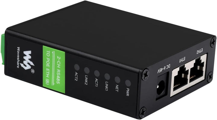 Waveshare 2-CH RS485 to RJ45 Ethernet Converter Module with POE Function, Industrial Rail-Mount Isol