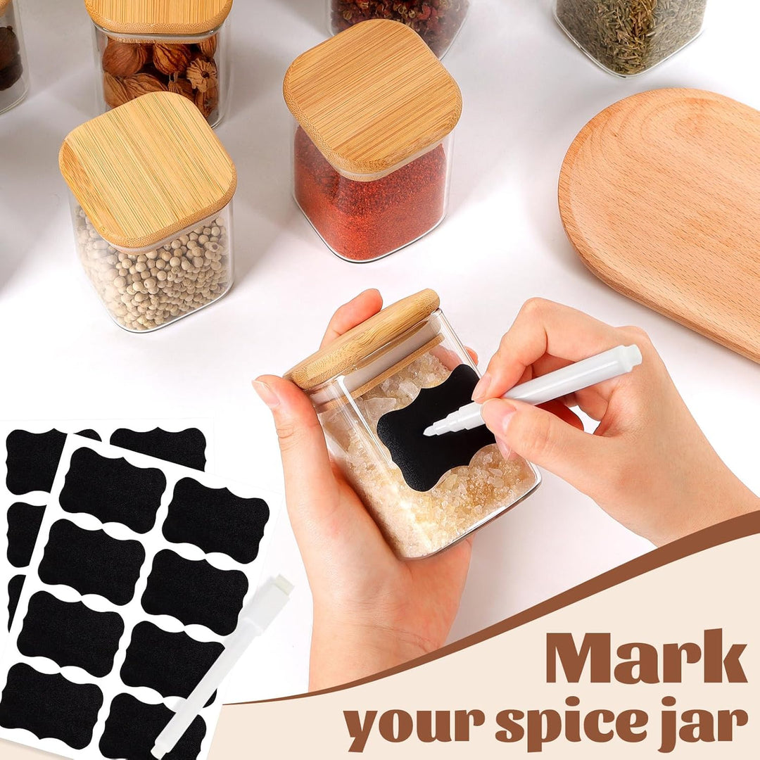 12er Set Gewürzgläser eckig 200 ml luftdicht mit Holzdeckel,Gewürzdosen Set Glas,Gewürzbehälter Spic