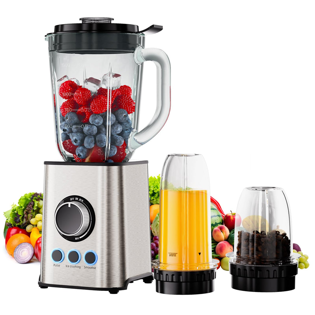 Biolomix 3-in-1-Mixer und Smoothie-Maker 1300-W-Standmixer mit 1,5-l-Glasbehälter 3 Geschwindigkeits
