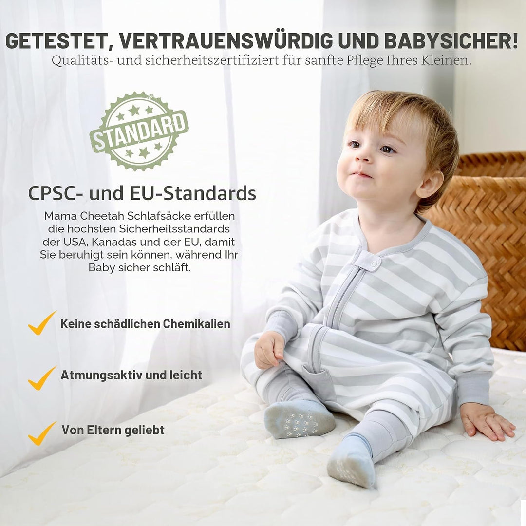 Mama Cheetah Toddler Schlafsack mit Füssen, Long Sleeve 0,5 TOG Bio-Baumwolle Baby Schlafsack mit Be