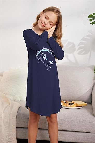 Arshiner Mädchen Nachthemd Langarm Kinder Nachtkleid Baumwolle mit Niedlichen Prints Schlafanzug Kle