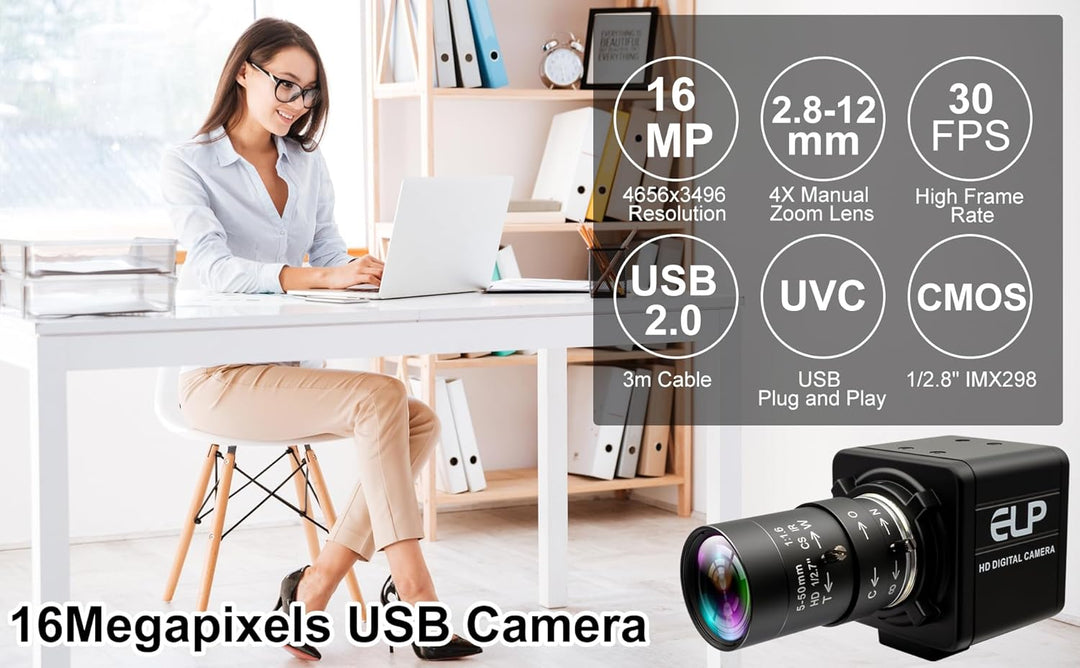 ELP 16MP HD USB-Kamera 2,8–12 mm 4-Fach optischer manueller Zoom CS-Mount-Objektiv, hohe Auflösung f