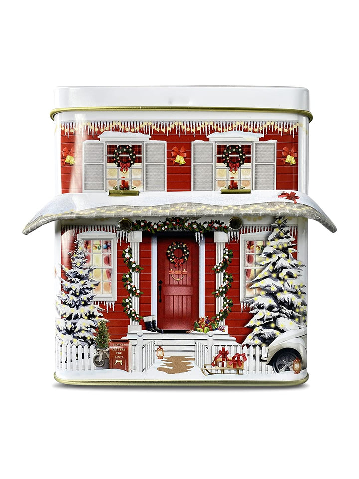 MediMuc Kleines Haus mit Vordach Winter - Keksdose, Blechdose - lebensmittelecht - Vol. 1,0l - Masse