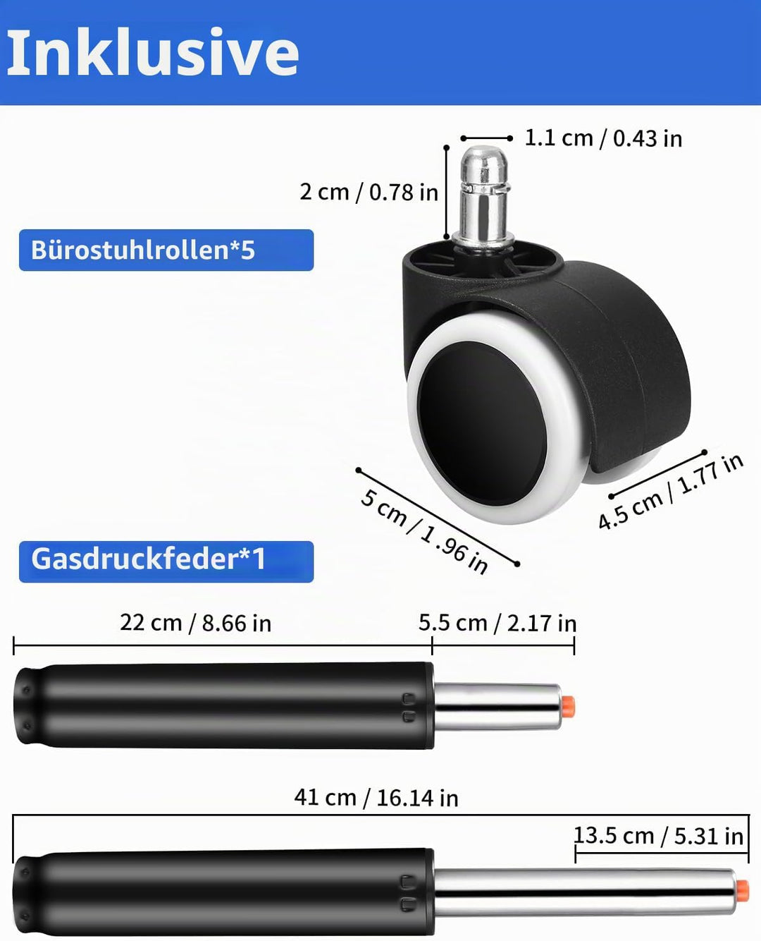 Gasdruckfeder Bürostuhl 275-410 mm, 450KG Belastbarkeit, 5 Rollen für Office Chair und Gaming Stuhl