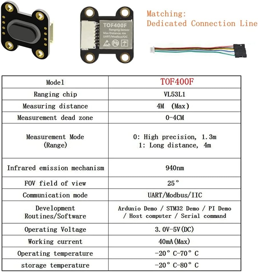 1 Pieza Distanzsensormodul, Distanzsensor 4 m Tof400f VL53L1X, serielle Schnittstelle IIC UART/Modbu