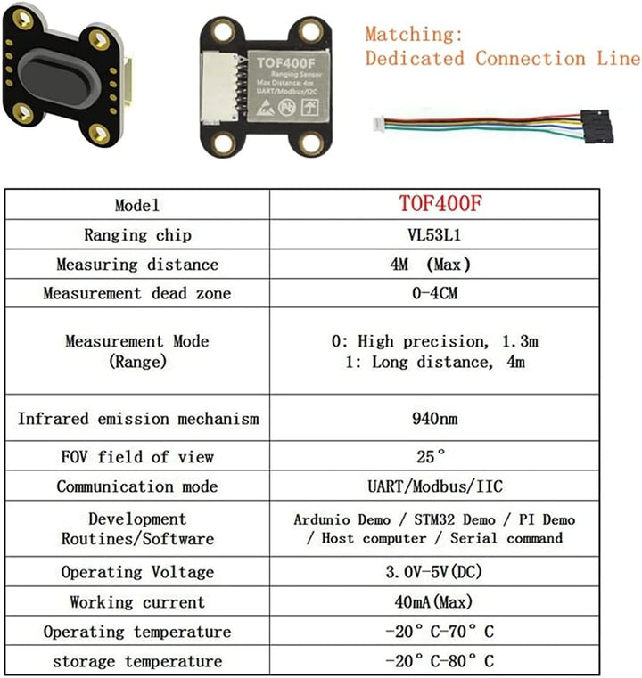 1 Pieza Distanzsensormodul, Distanzsensor 4 m Tof400f VL53L1X, serielle Schnittstelle IIC UART/Modbu