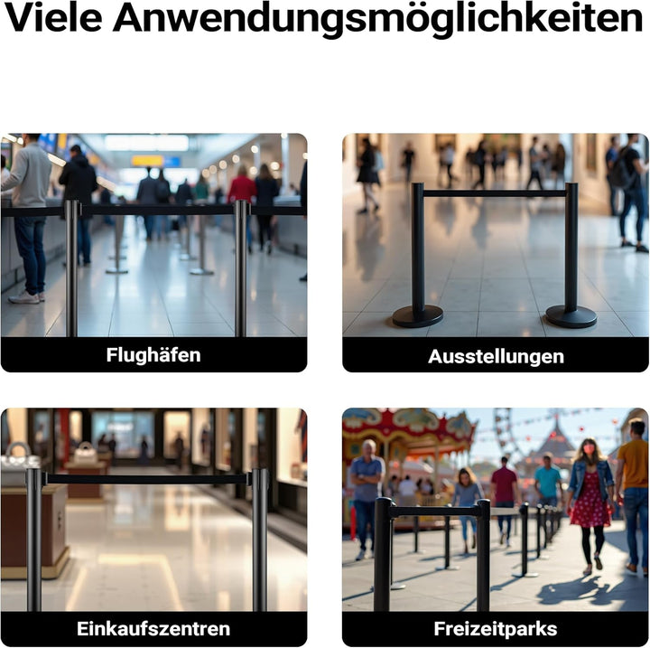 Wiltec mobile Absperrpfosten 32 x 7 x 90 cm in Schwarz mit 200 cm Zugband, Absperrständer aus rostfr