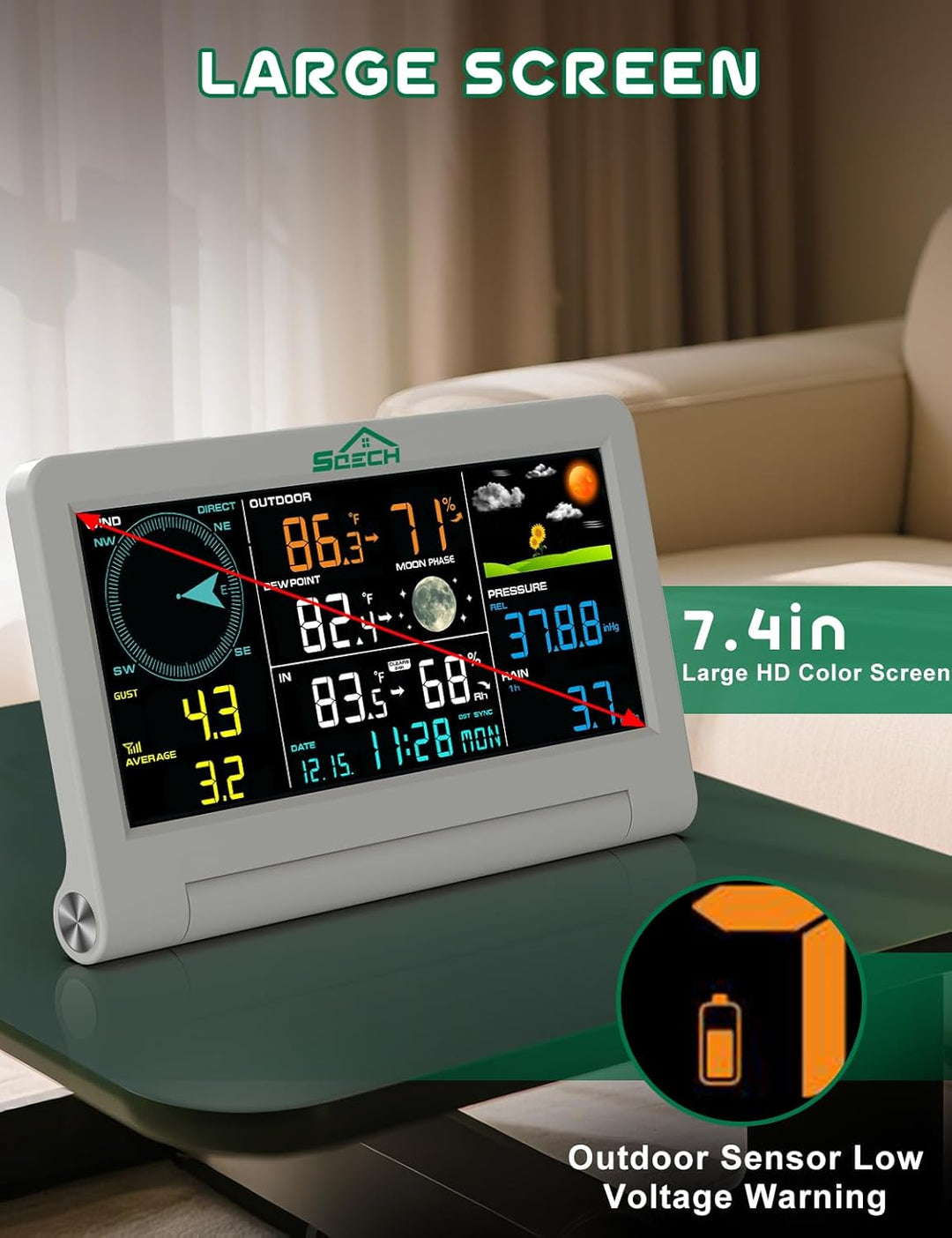 SQECH Wetterstation Funk mit Windmesser und Regenmesser, Aussensensor, 7-in-1 Wetterstationen Innen