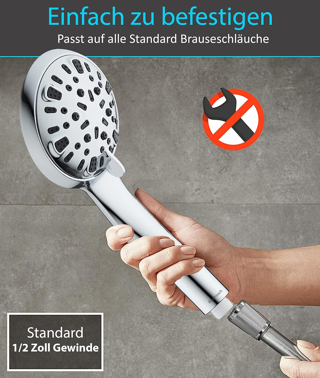 BLUMBACH Duschkopf wassersparend 8-9 Liter/Min, Sparduschkopf 8 Stahlarten, wassersparender Duschkop