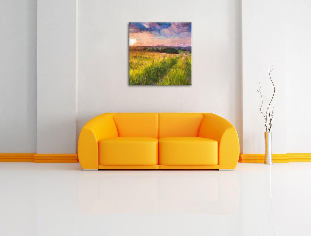 Pixxprint Bergwiese im Sonnenaufgang als Leinwandbild | Grösse: 70x70 cm | Wandbild | Kunstdruck | f