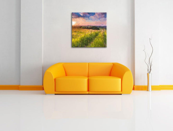 Pixxprint Bergwiese im Sonnenaufgang als Leinwandbild | Grösse: 70x70 cm | Wandbild | Kunstdruck | f