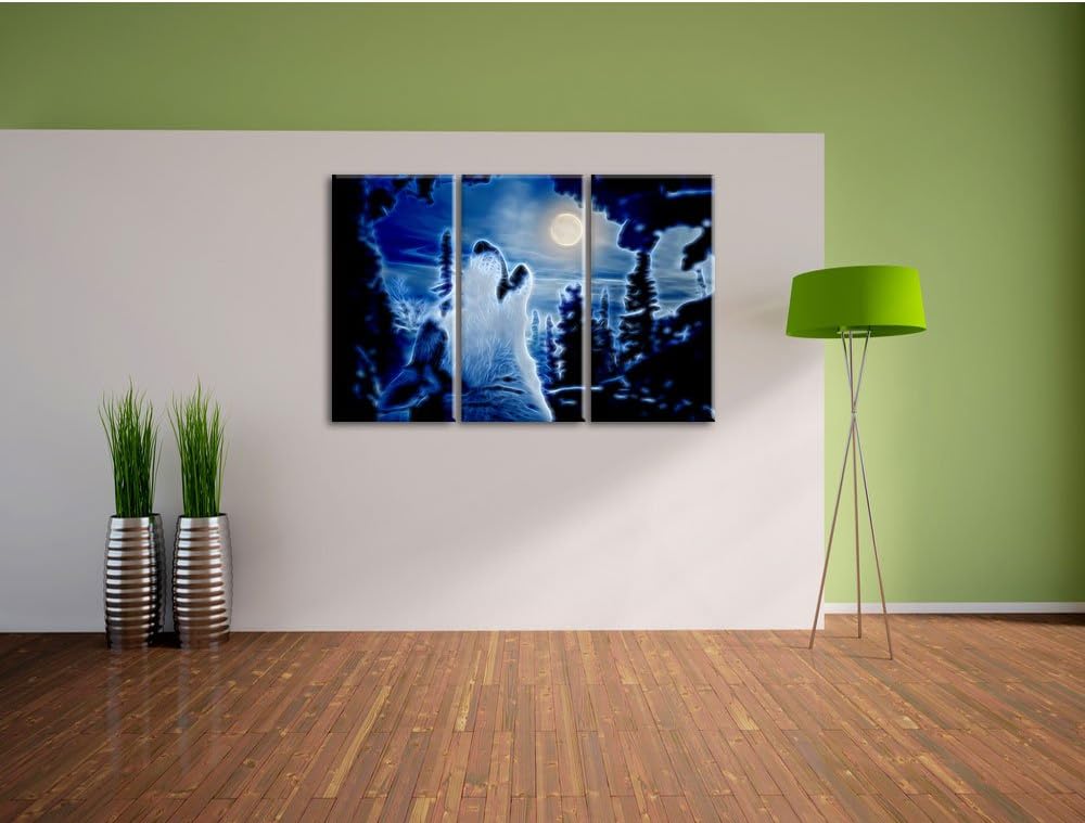 Pixxprint Heulender Wolf im Mondlicht als Leinwandbild/Grösse: 3 Teilig (120x80 cm) cm/Wandbild/Kuns