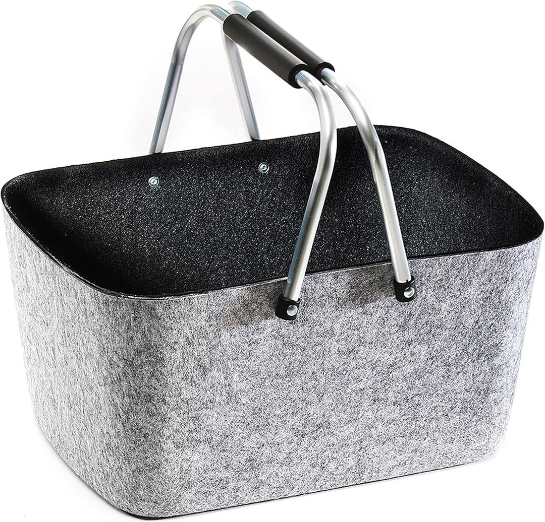 Kobolo Filzkorb Einkaufskorb Korb gross - Klappbügel - Filz - grau schwarz - 42x30x22 cm
