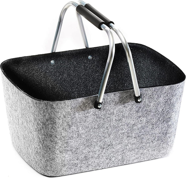 Kobolo Filzkorb Einkaufskorb Korb gross - Klappbügel - Filz - grau schwarz - 42x30x22 cm