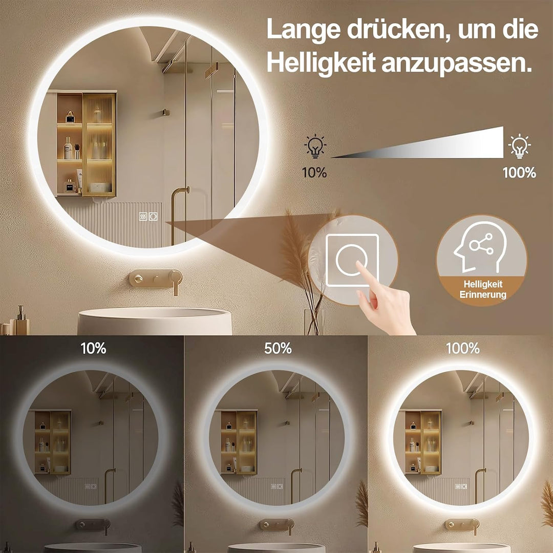 60cm runder LED Badezimmerspiegel mit Beleuchtung - Kosmetikspiegel mit Berührungssensor, 3 Lichtfar