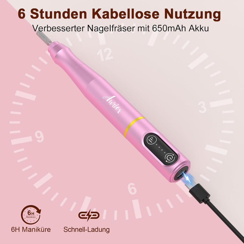 Auriox Nagelfräser Kabellos, 12 in 1 Fräser für Gelnägel 25000 u/min, Akku Elektrische Nagelfeile fü