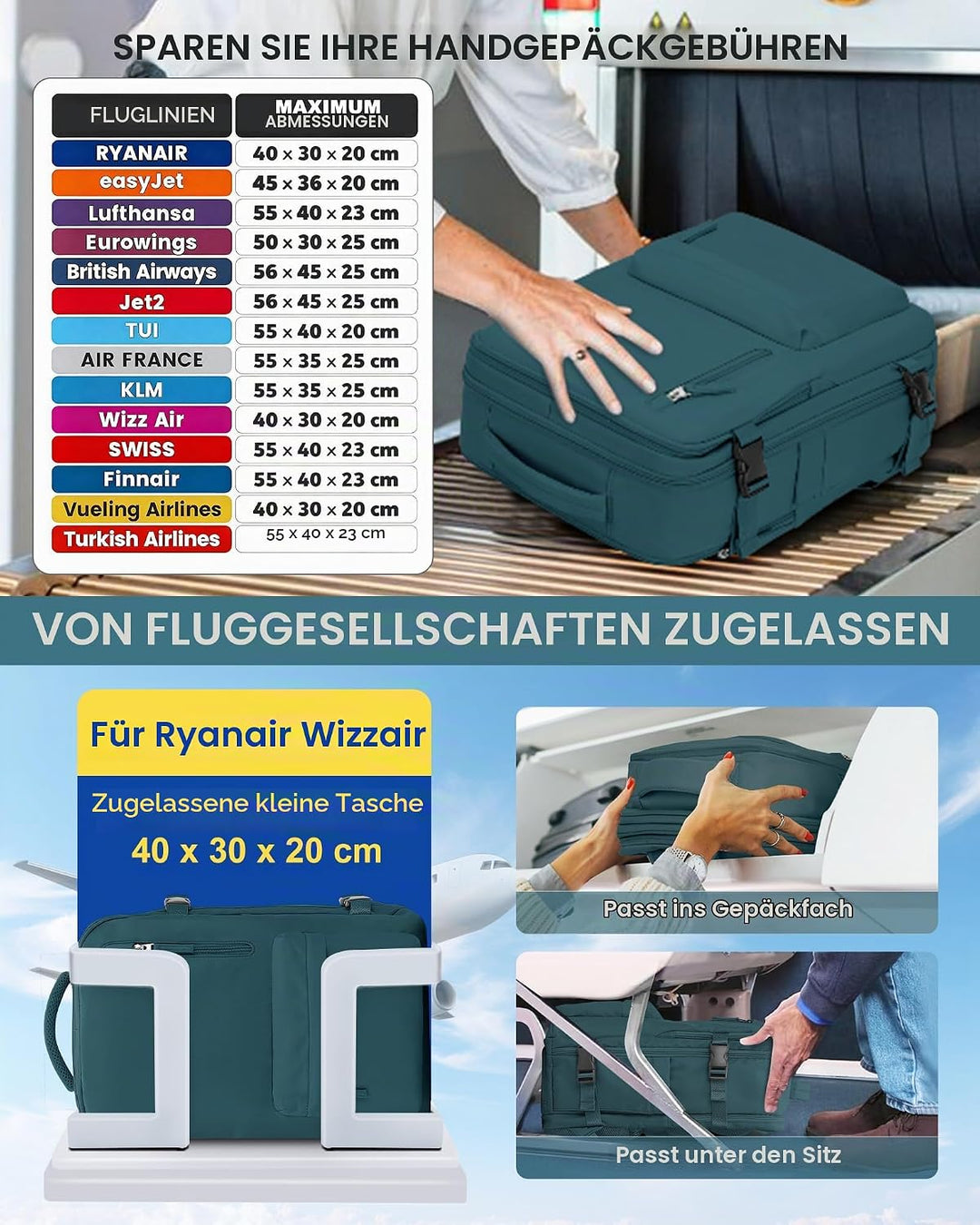 SZLX Vakuum Rucksack mit pumpe Ryanair Handgepäck 40x30x20 Damen Wizzair Handgepäck 40x30x20 Vakuum