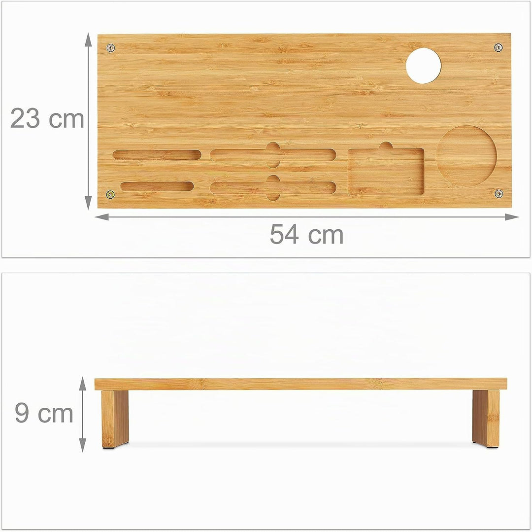 Relaxdays Monitorständer Bambus, mit Ablagen, freistehend, Bildschirmerhöhung für Schreibtisch, HBT:
