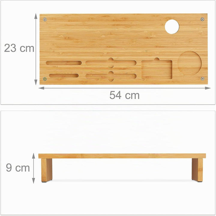 Relaxdays Monitorständer Bambus, mit Ablagen, freistehend, Bildschirmerhöhung für Schreibtisch, HBT: