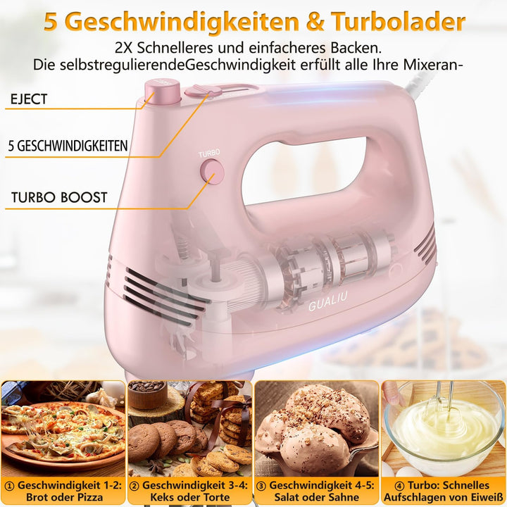 Elektrischer Handmixer mit Edelstahl Schneebesen, Knethaken, Elektrische Handrührer,Turbo Boost /5 G