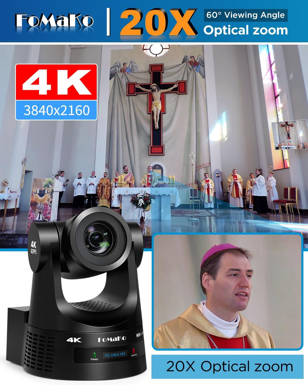 FoMaKo PTZ Kamera 4K 60FPS NDI HX3, 20x Optischer Zoom, Gen 3 KI Auto-Tracking, 3G-SDI/HDMI/NDI/USB/