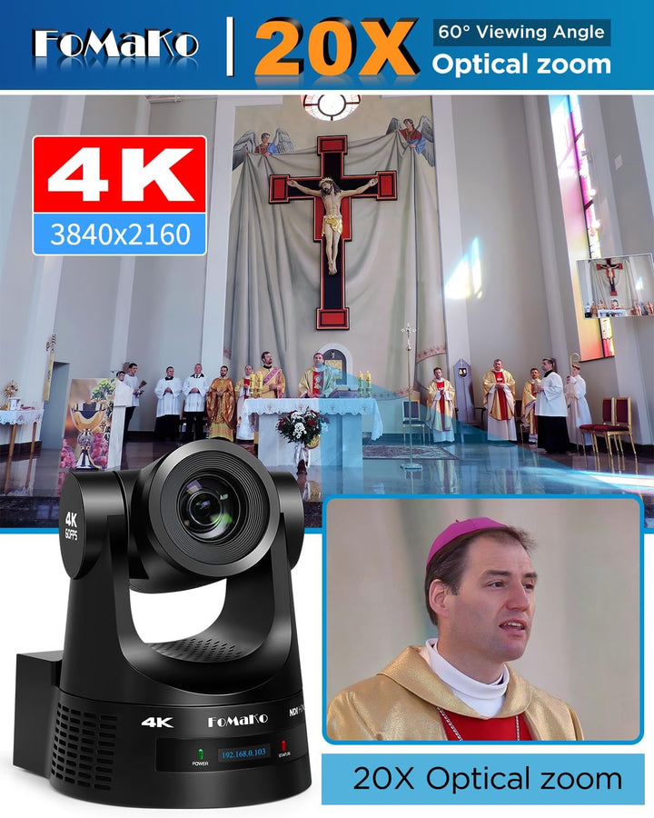 FoMaKo PTZ Kamera 4K 60FPS NDI HX3, 20x Optischer Zoom, Gen 3 KI Auto-Tracking, 3G-SDI/HDMI/NDI/USB/