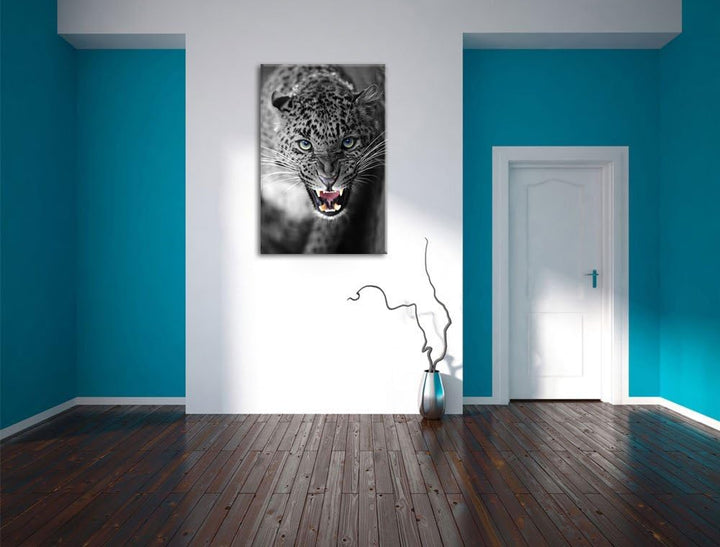 schöner fauchender Leopard schwarz/weiss Format: 100x70 auf Leinwand, XXL riesige Bilder fertig gera