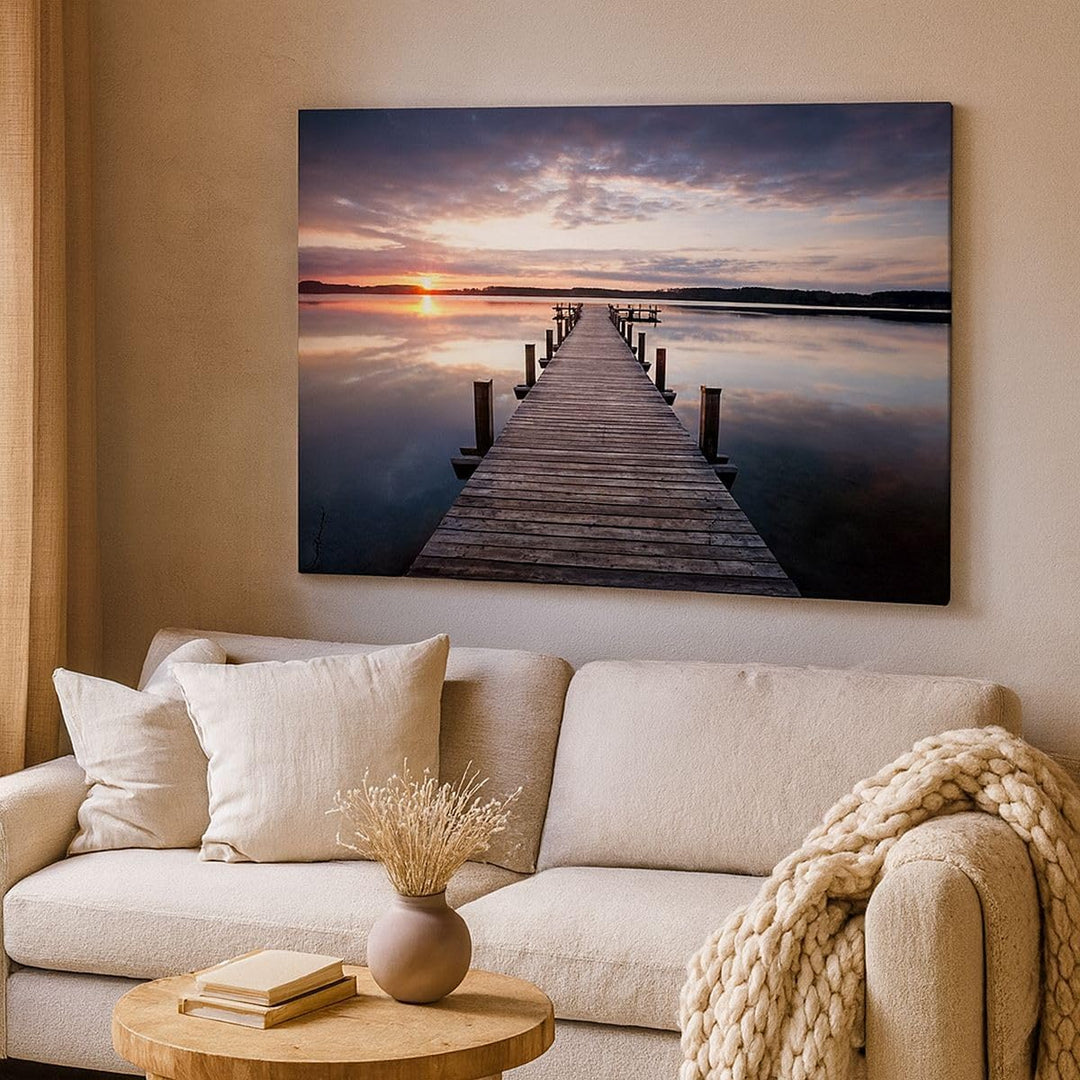 Bilder auf Leinwand 100x70cm Leinwandbild Fussgängerbrücke See Sonnenuntergang Abend Gross Wanddeko