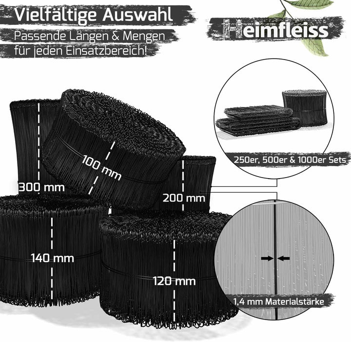 Heimfleiss® Rödeldraht Bindedraht ummantelt in schwarz 1,4 x 100 bis 300 mm (1000 Stk.) - rostfreier