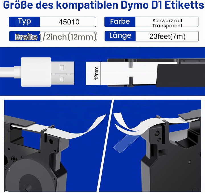 4x 45010 Etikettenband 12mm Kompatibel mit Dymo D1 Plastic Clear Schriftbänder, Schwarz auf Transpar