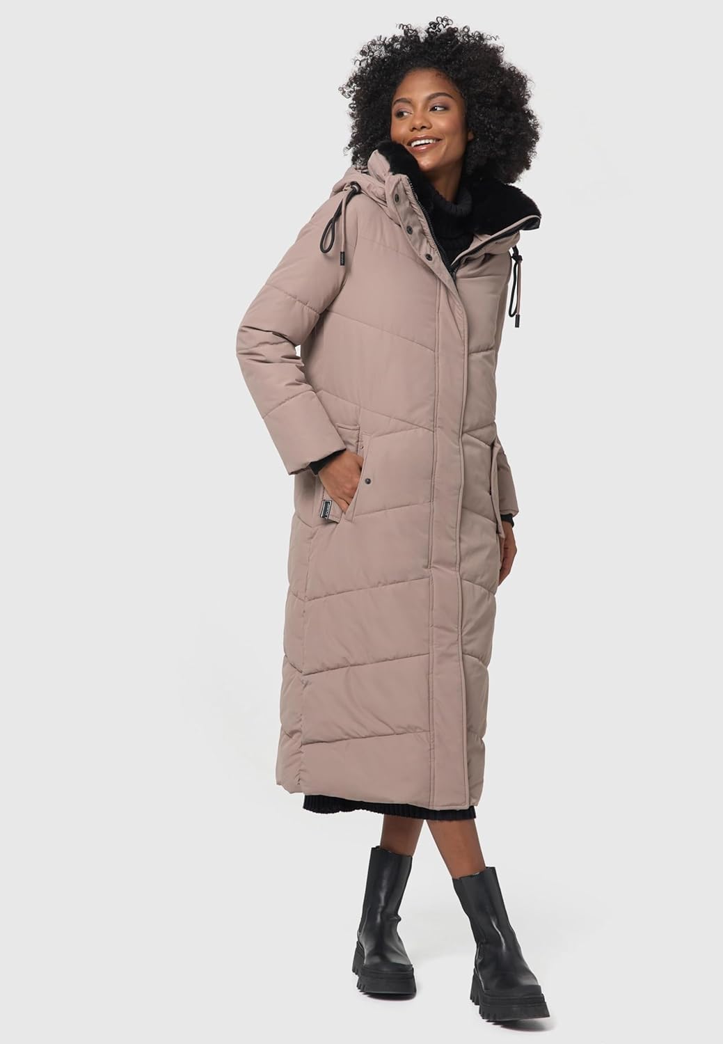Navahoo Damen Wintermantel Steppmantel extralang mit abnehmbarer Kapuze Hingucker XIV XS-XXL L Taupe