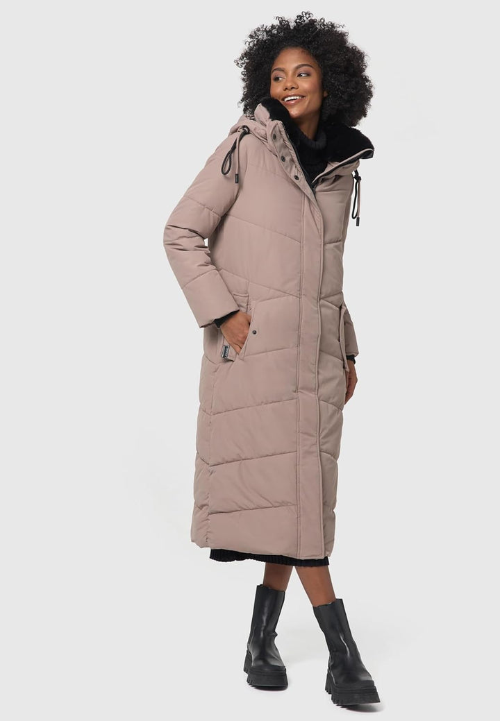 Navahoo Damen Wintermantel Steppmantel extralang mit abnehmbarer Kapuze Hingucker XIV XS-XXL L Taupe