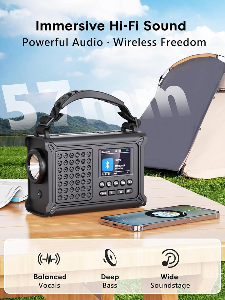 ROCAM Kurbelradio DAB+/UKW, Tragbare Notfallradio 12000mAh mit 8500mm² Solarpanel & 650mA Kurbel, Di