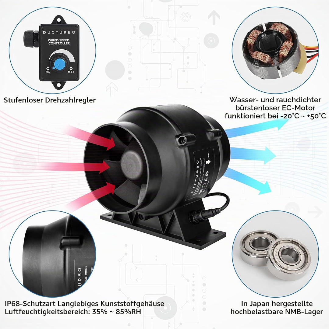 Rohrventilator 100mm Regelbar, 275m³/h Plastik Inline-Kanalventilator Abluftventilator Ideal Rohrlüf