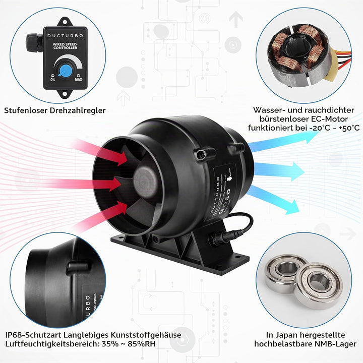 Rohrventilator 100mm Regelbar, 275m³/h Plastik Inline-Kanalventilator Abluftventilator Ideal Rohrlüf