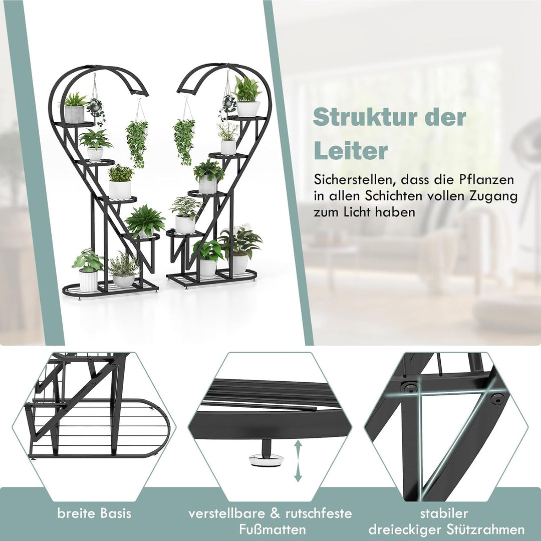 GOPLUS 5-stufiger Metall-Pflanzenständer in Herzform, Pflanzenregal mit 4 Aufhängehaken, Lamellenabl