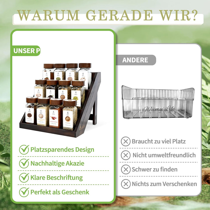 Gewürzregal Schublade mit 2-in-1 Akazien Gewürzregal Holz (FCM®) – 12x120ml Gewürzgläser Eckig, 120