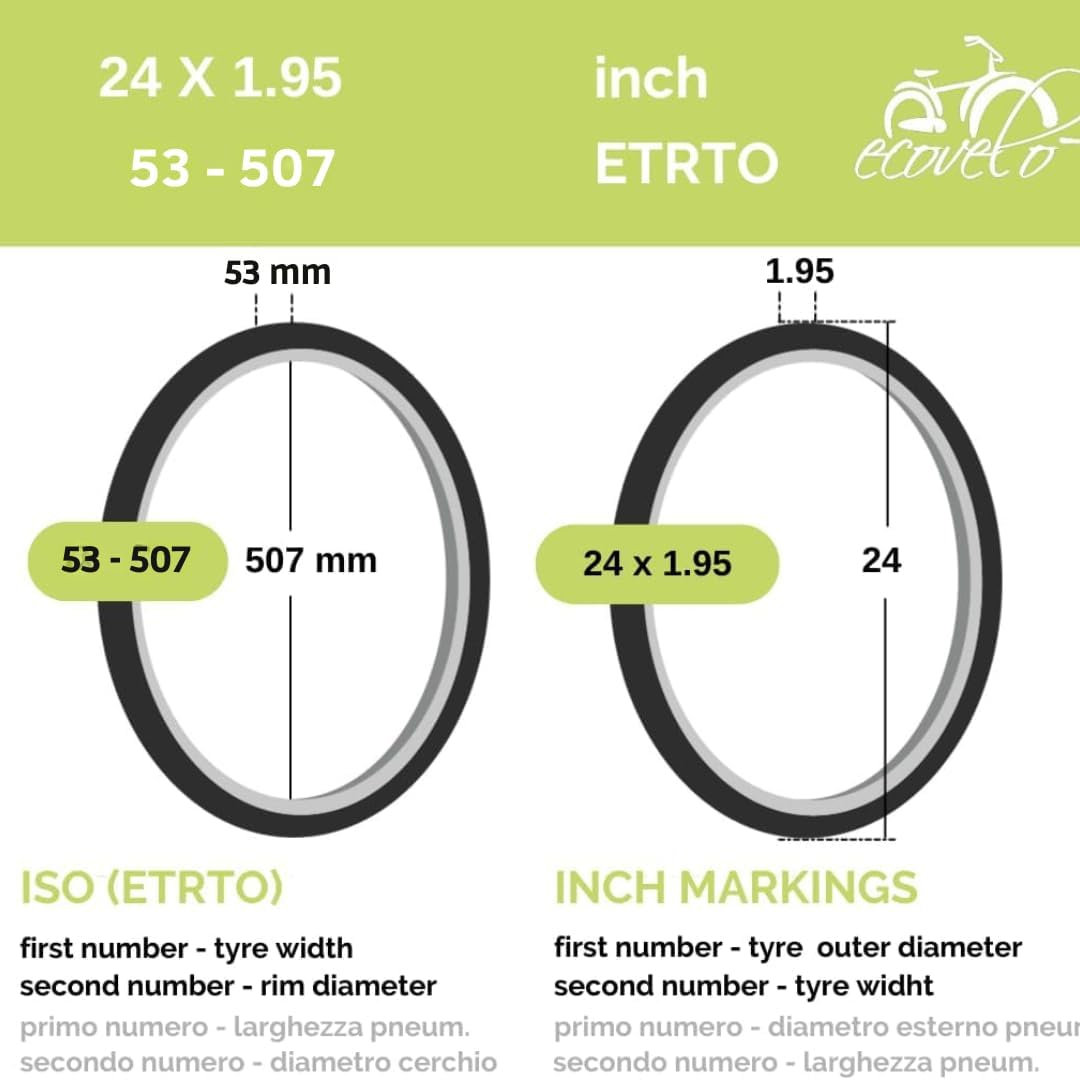 Ecovelò Kinder Kameras 2 MTB Reifen 24 x 1,95 (50-507) + Kammern, Schwarz, 24 X 1.95