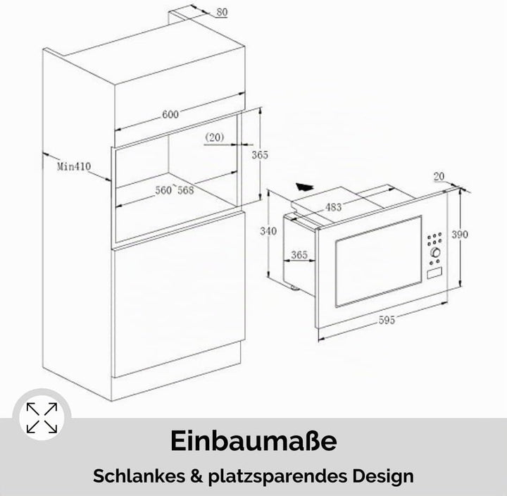 PKM Einbau-Mikrowelle MW900-23G-IN I 900W Mikrowellenleistung I 23L Garraum I 6 Leistungsstufen I 8