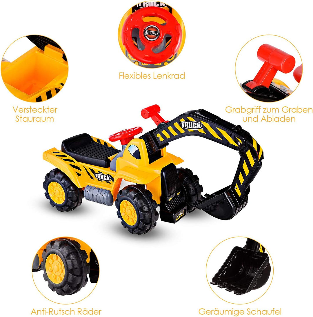 GOPLUS Sitzbagger Kinderbagger, Kinderfahrzeug Pedalfrei inkl. Schutzhelm und Künstlicher Steine, Sa