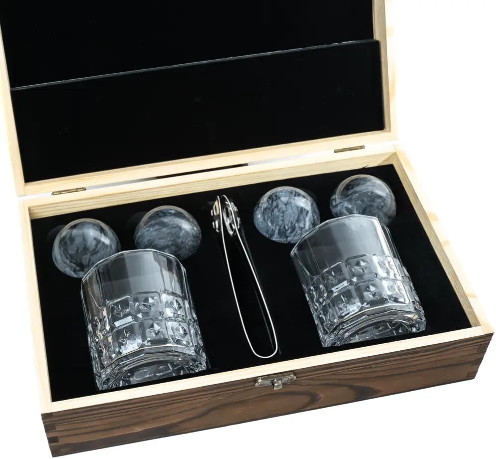 B'ROCKS Premium Kühlsteine | Whisky Steine Set | Geschenkset 4 Granit Steinkugeln 5cm Ø mit 2 Tumble