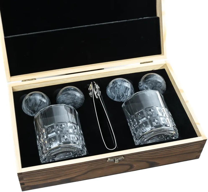 B'ROCKS Premium Kühlsteine | Whisky Steine Set | Geschenkset 4 Granit Steinkugeln 5cm Ø mit 2 Tumble